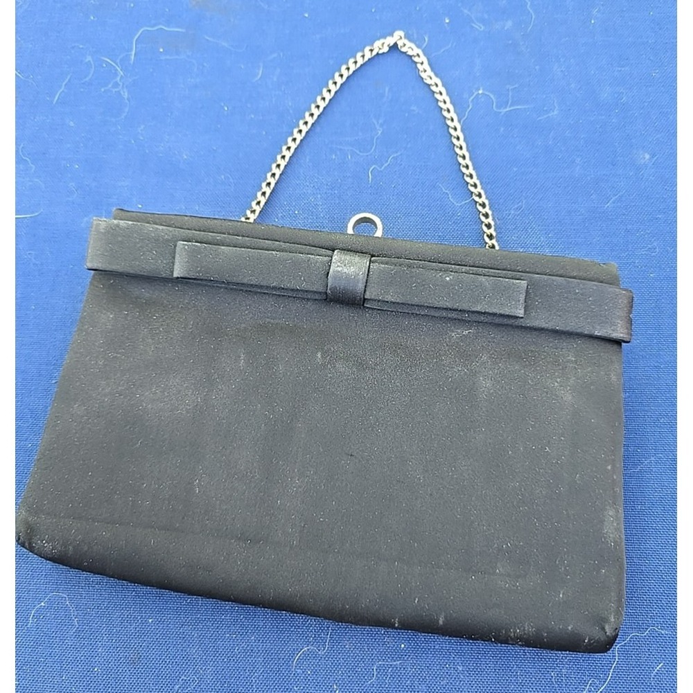 Vintage After Five Black Fabric Satin Clutch Bag Gold Chain Bow USA 1950s-60s